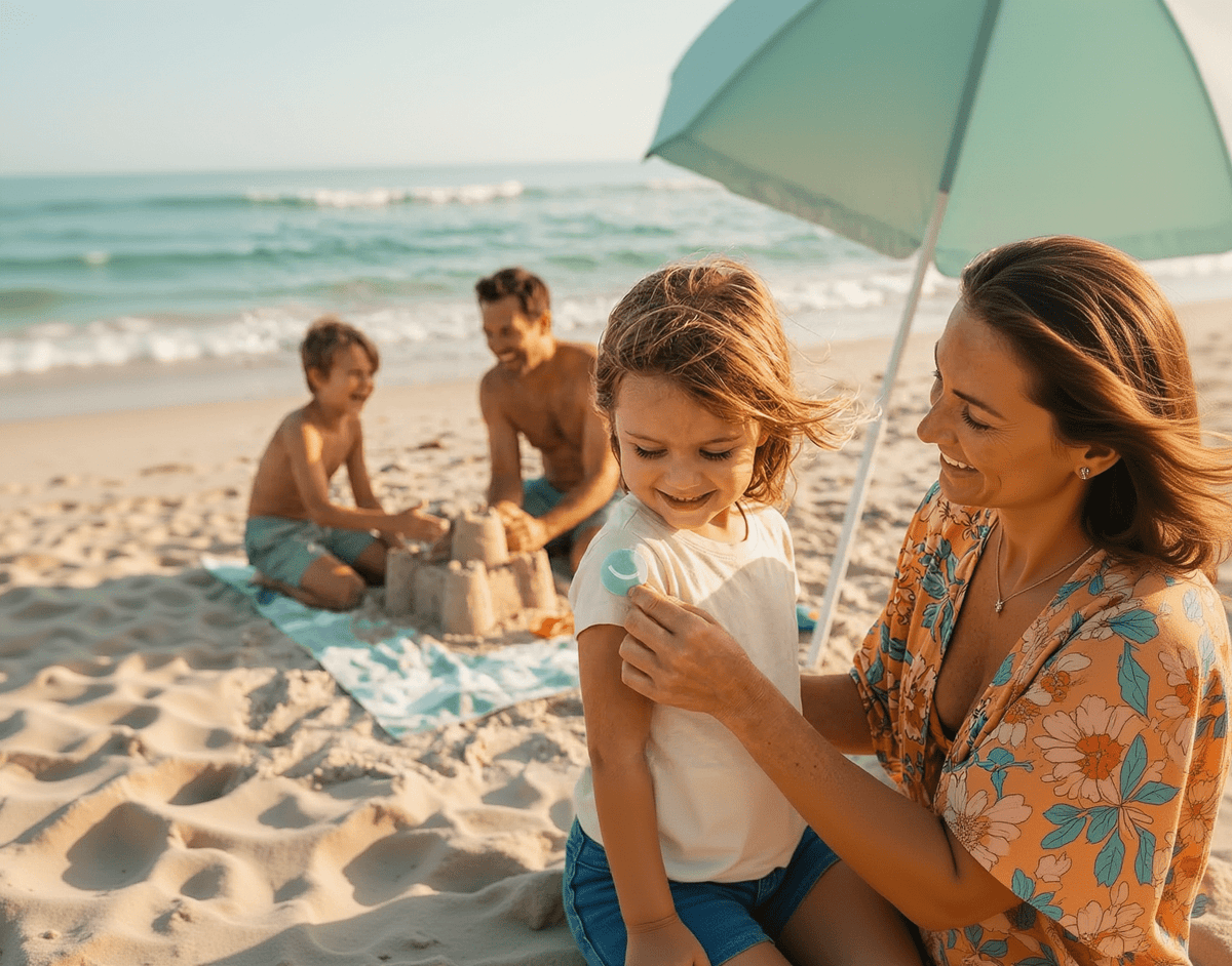 Family outside enjoying the beach using Buganic Mosquitoe Repellent Stickers