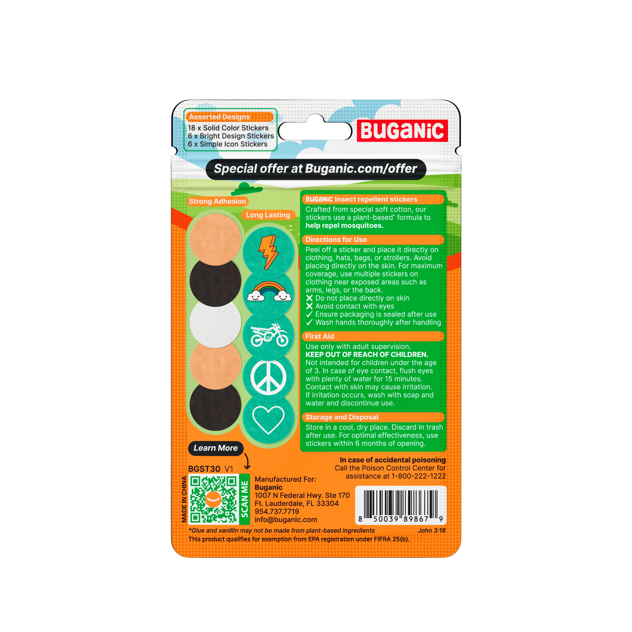 Buganic Mosquito Repellent Cotton Stickers Back of package